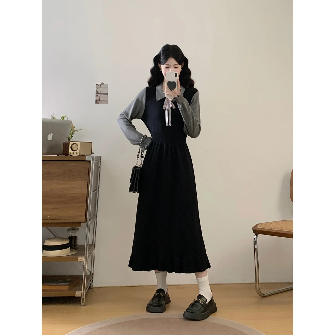 大码复古假两件连衣裙女秋季2025新款胖MM收腰显瘦百搭a字长裙子