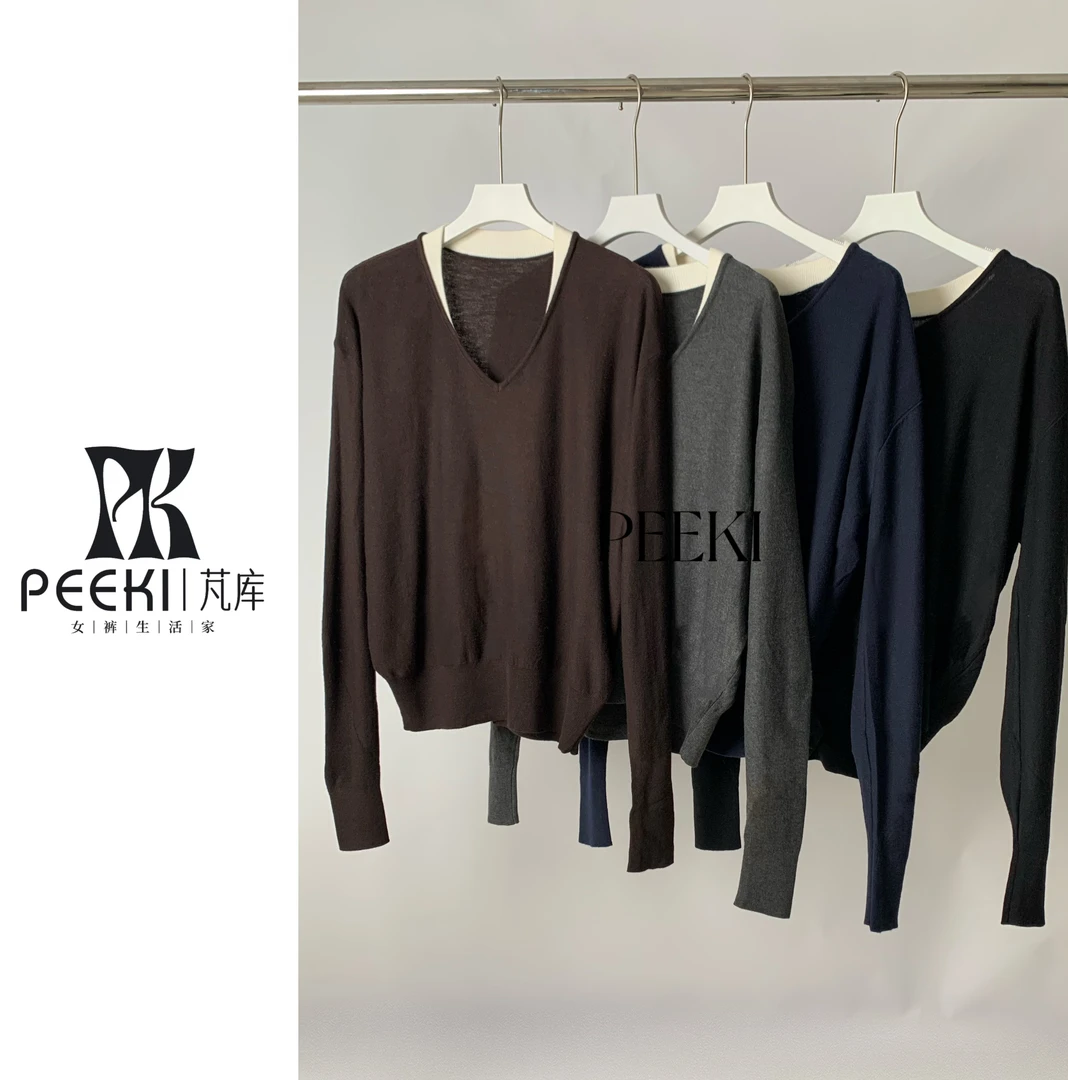 PEEKI/【首批尝鲜现货福利】 拼接设计V领极简 显瘦百搭针织衫/P07