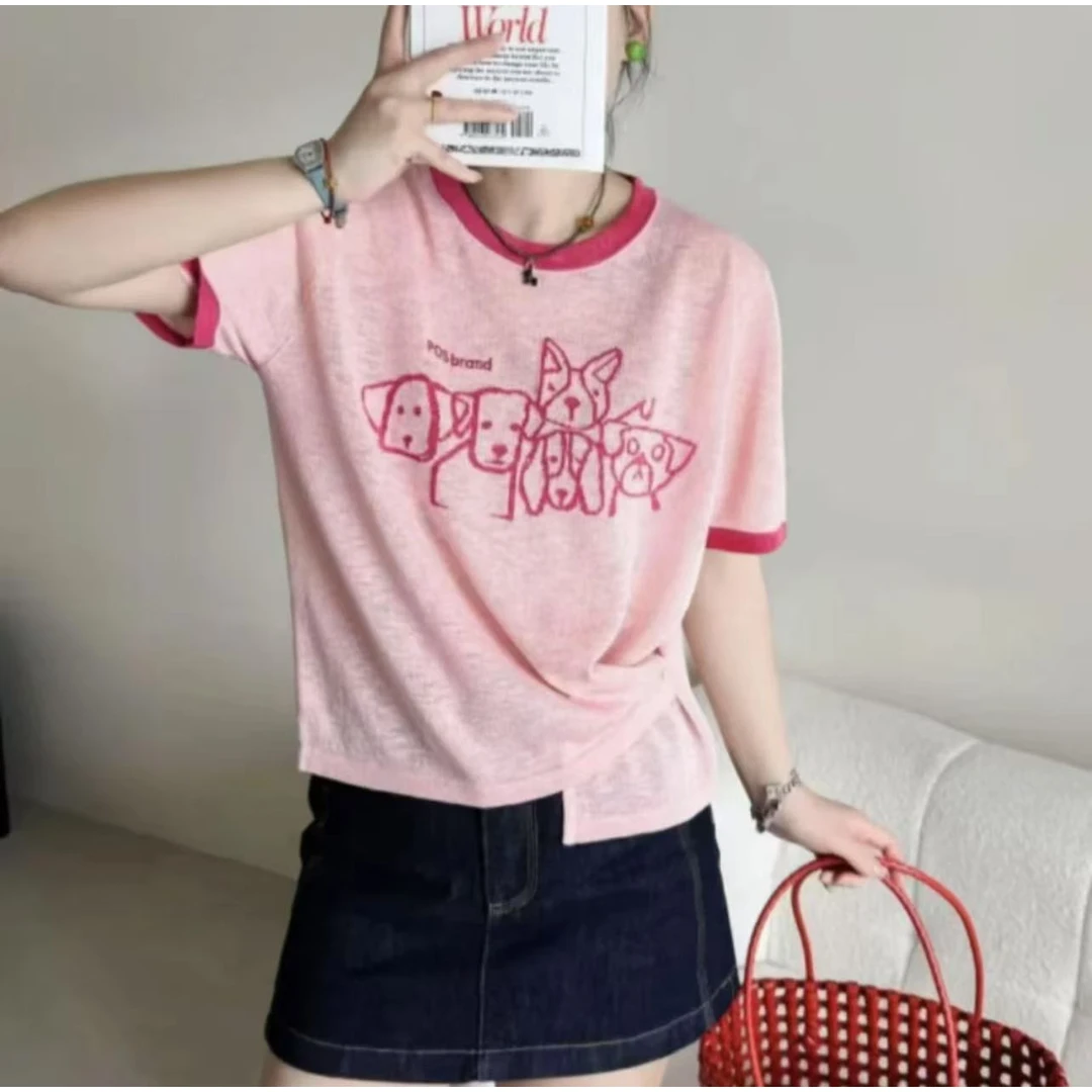 1754大码女装圆领小狗卡通图案针织衫夏季新款甜美风短袖T恤上衣