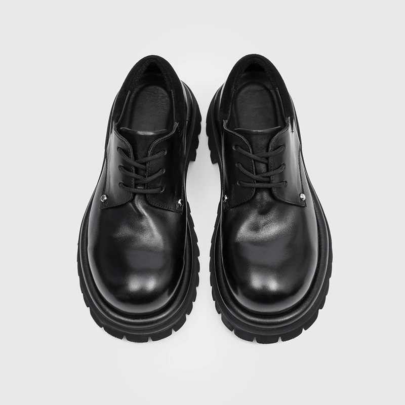 RZAAZ米奇圆头水洗牛皮铆钉德比鞋大头厚底休闲皮鞋增高通勤男鞋