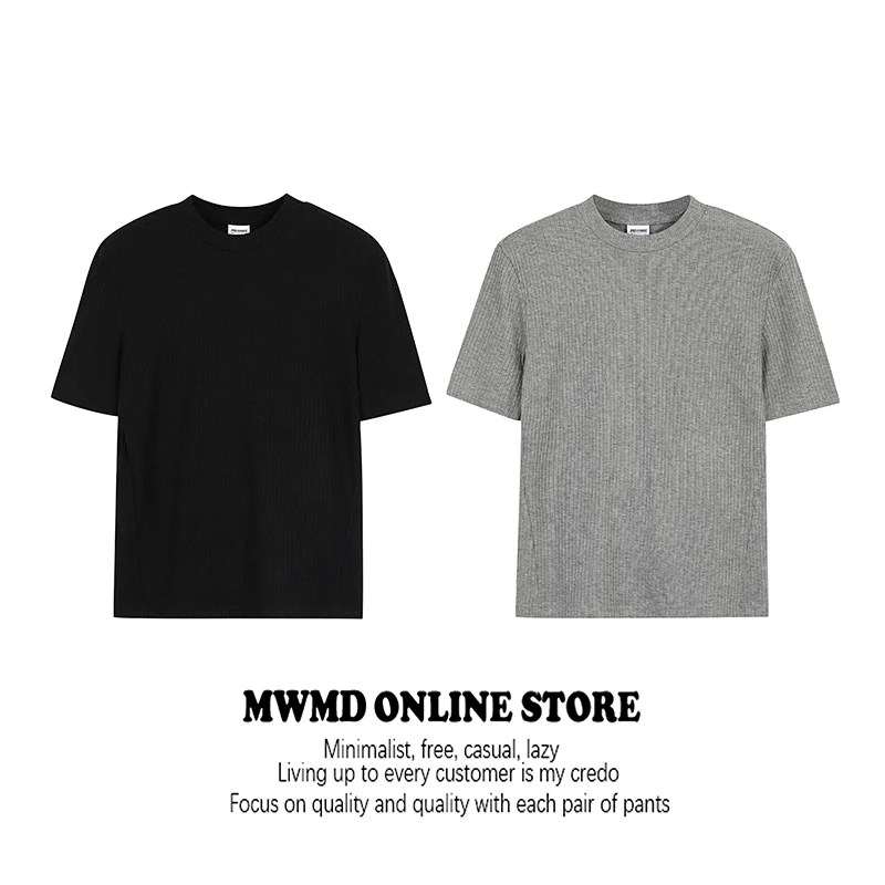 MWMD复古老钱风条纹肌理感正肩短袖男重磅cleanfit灰色短款T恤