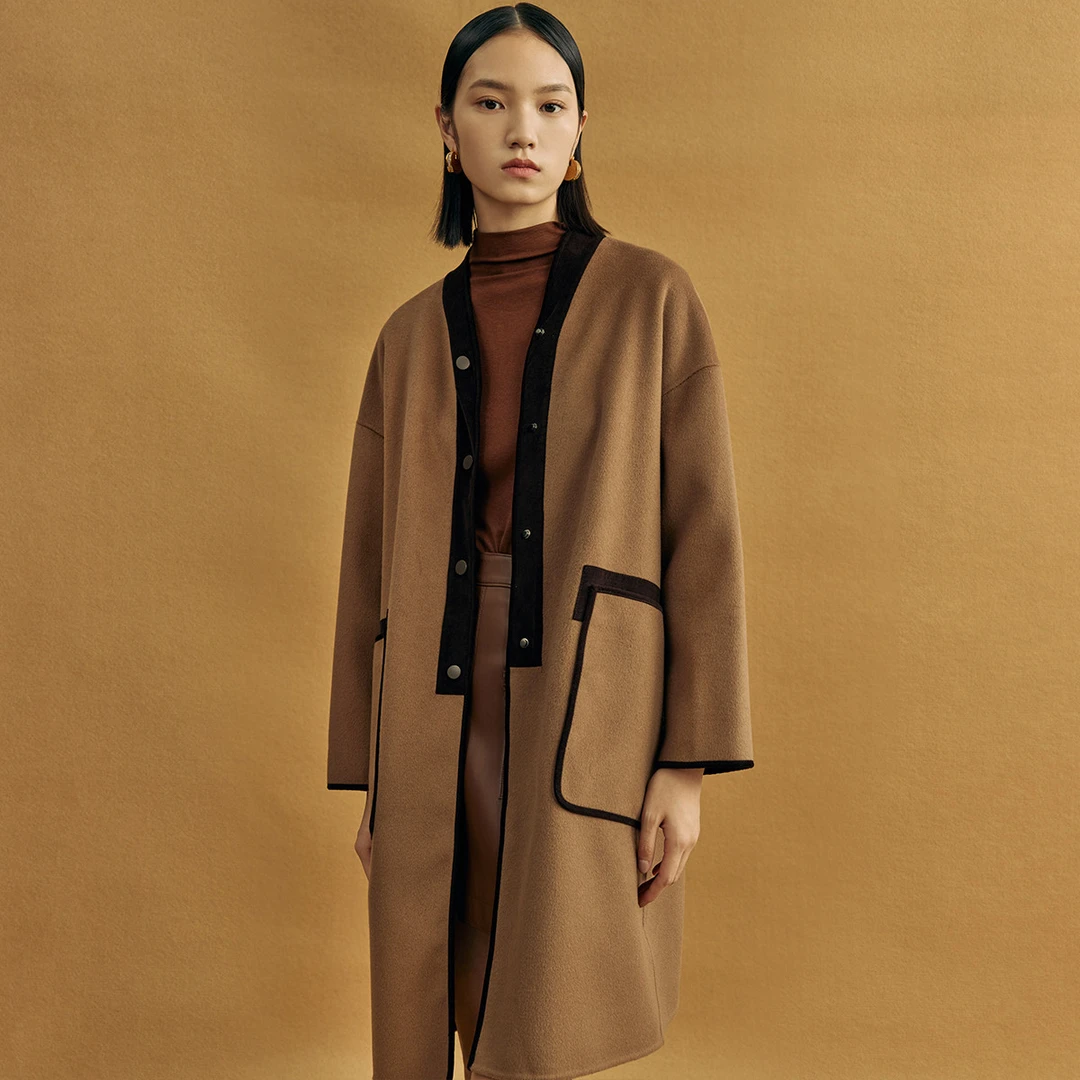 【曼德诗】春秋冬大衣双面呢子羊绒大衣中长款赫本风长款毛呢外套