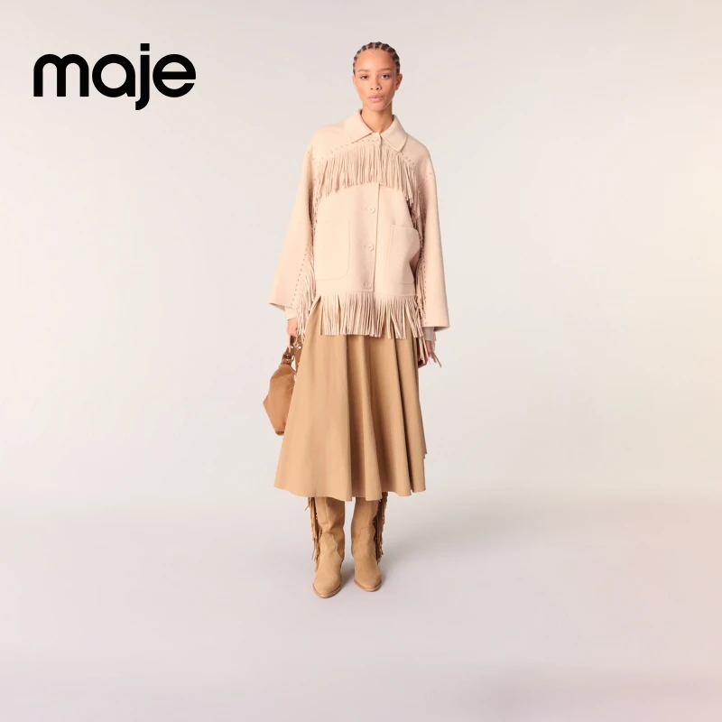 Maje 2025秋冬新款女装米色翻领长袖流苏装饰长袖外套MFPOU01321