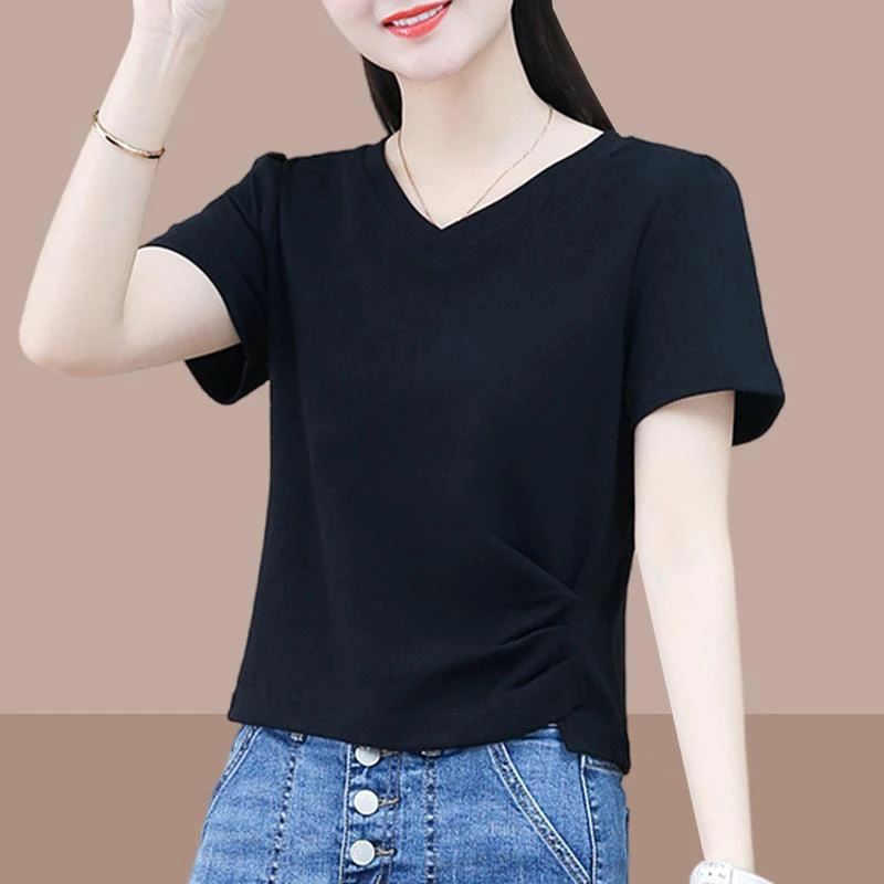 2025夏季新款女士短袖t恤v领上衣爆款小个子短款体恤洋气女装