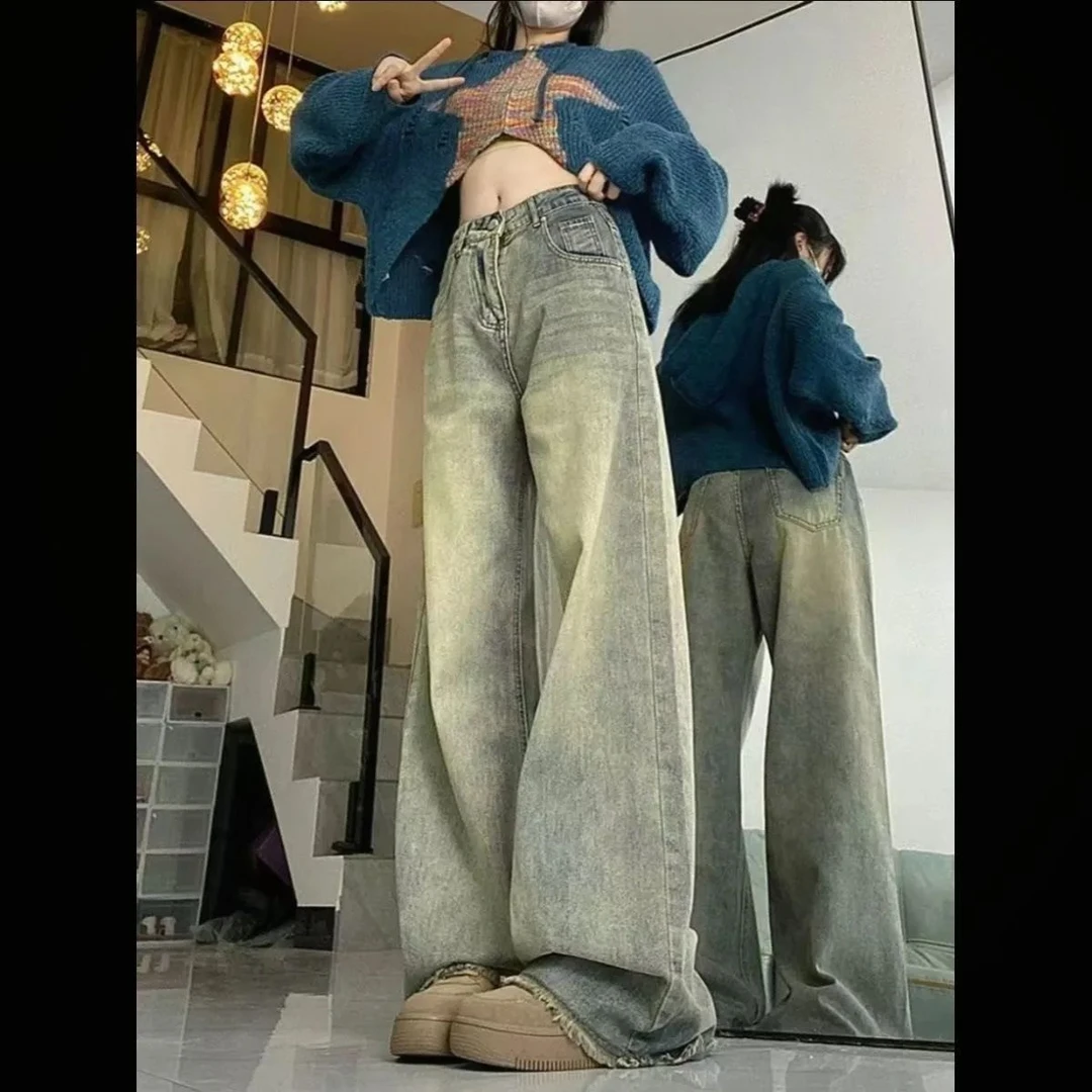 黄泥色高腰直筒宽松阔腿牛仔裤女春秋百搭显瘦高街潮流深秋女裤