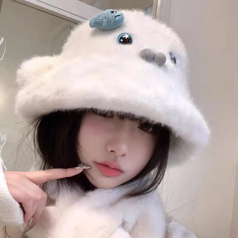 可爱卡通小海豹盆帽子女渔夫帽子耳朵会动帽子围脖二件套冬季保暖