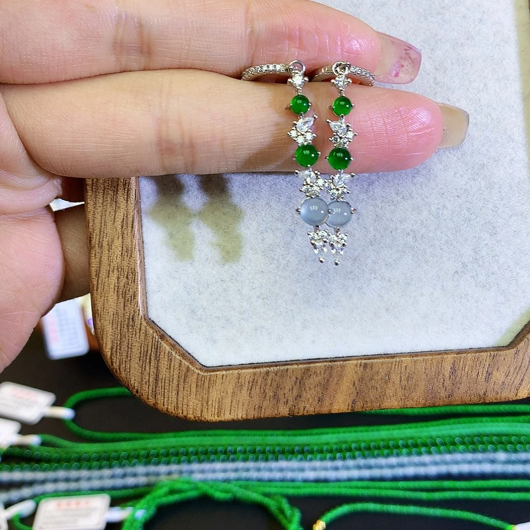 翡翠耳饰银S925镶嵌天然翡翠耳包