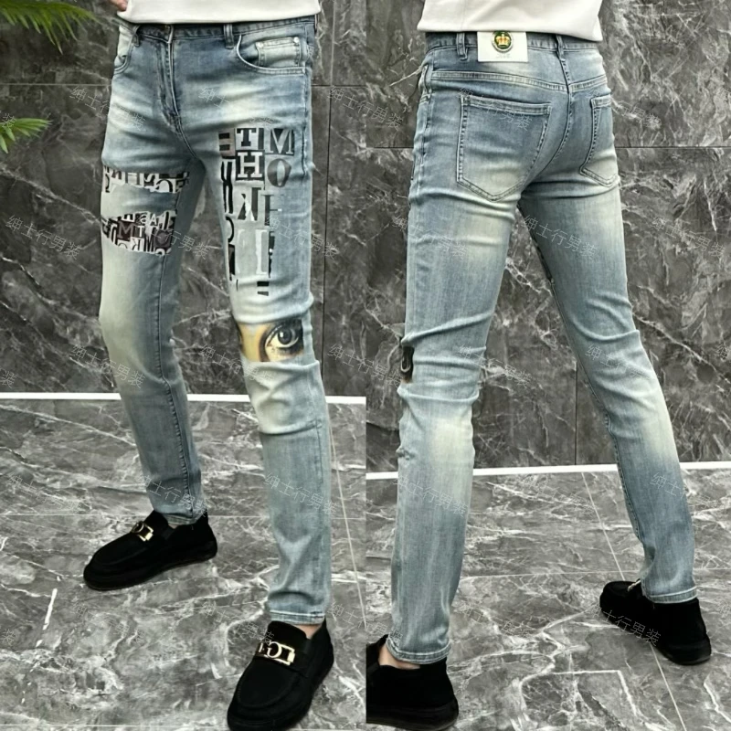 2025新款男士春秋季时尚个性印花修身弹力牛仔裤显瘦百搭小脚裤男