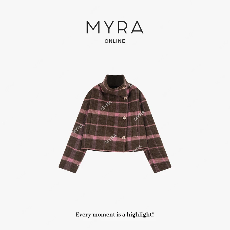 MYRA“草莓慕斯”智利羊驼毛+羊毛高支短款格子双面呢大衣XM025335