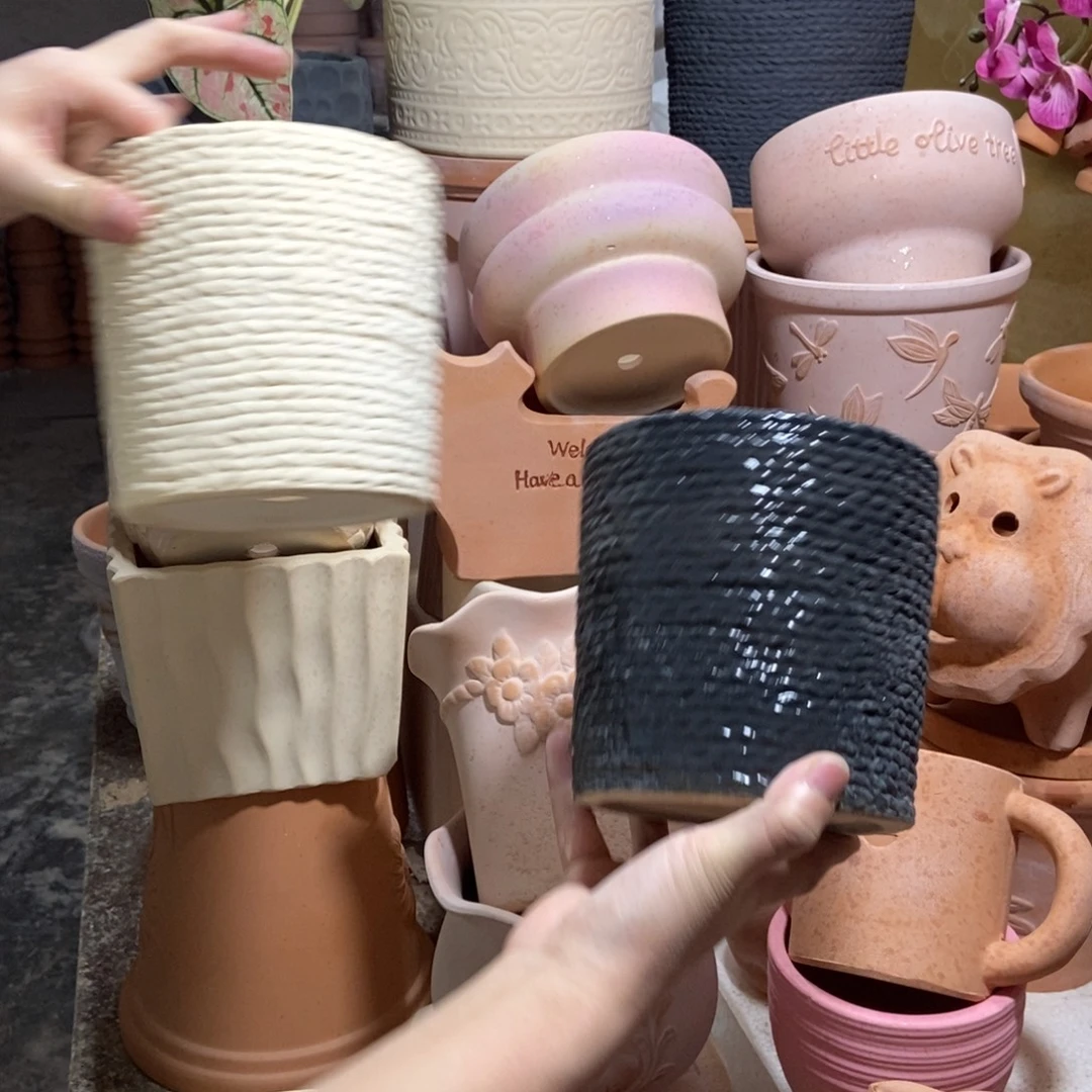 14×13麻绳盆 白+黑 粗陶2个