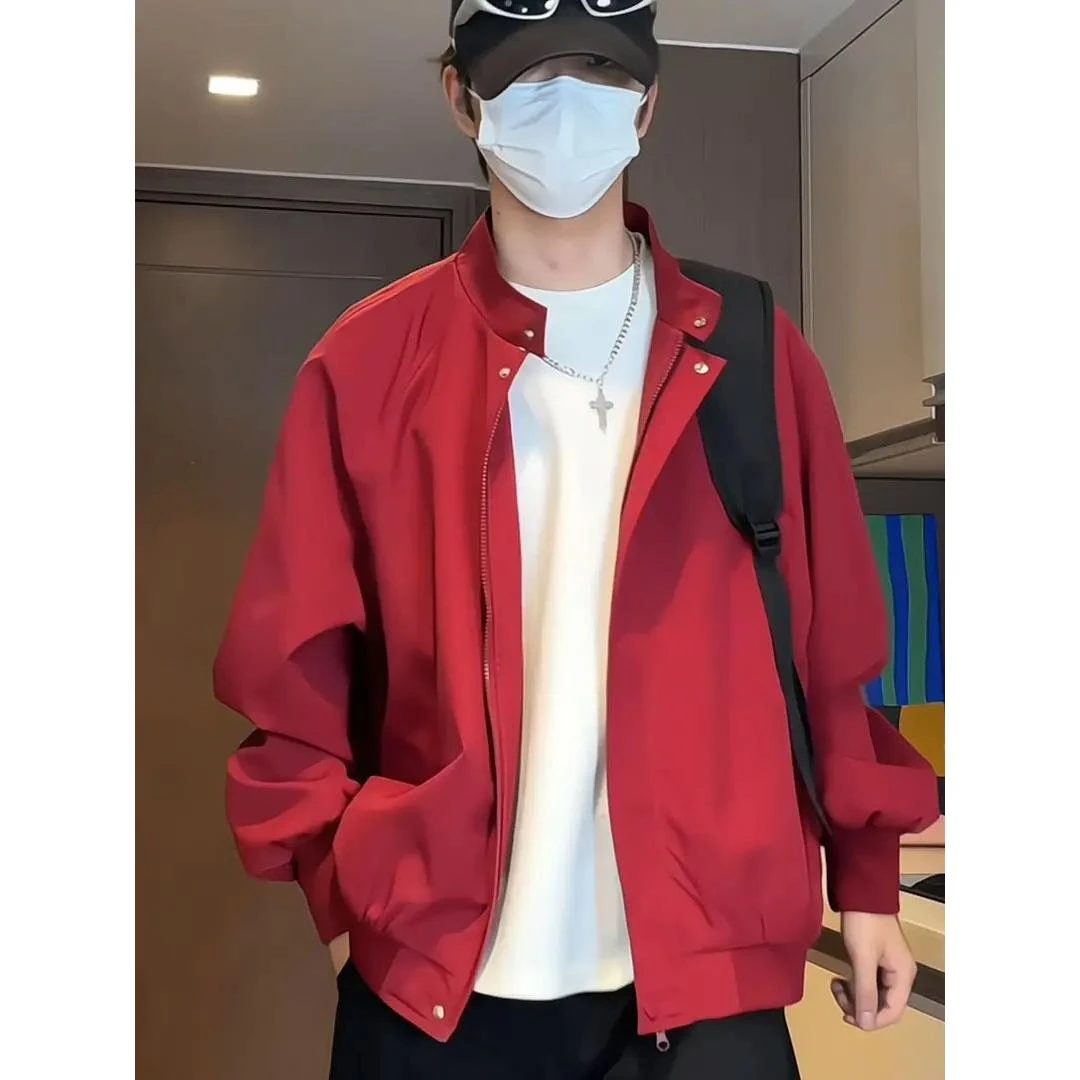 红色立领哈灵顿夹克男秋季新款城市机能冲锋衣外套美式潮牌棒球服