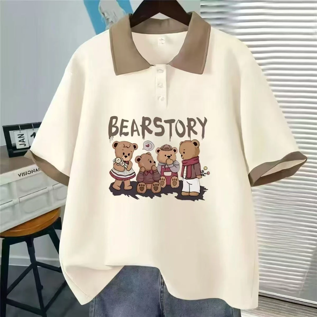 女童中大童甜美可爱夏季POLO领短袖新款宽松字母印花半袖T恤上衣