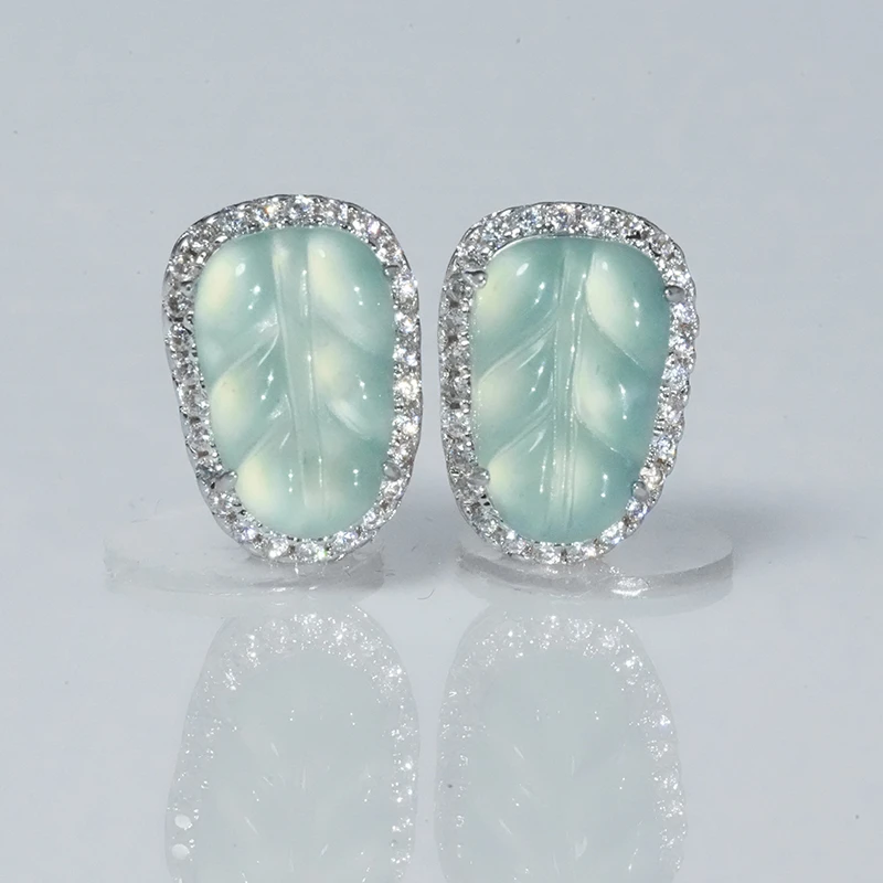 天然翡翠叶子耳钉A货蓝水日常轻奢女款耳饰-多样性发1