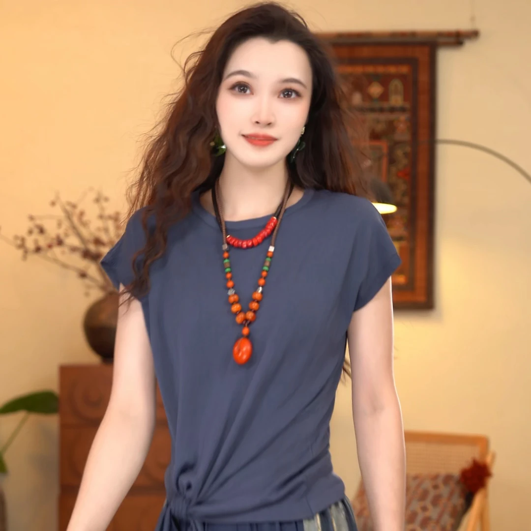 顾玖儿夏季气质显瘦百搭圆领T恤#9996-2