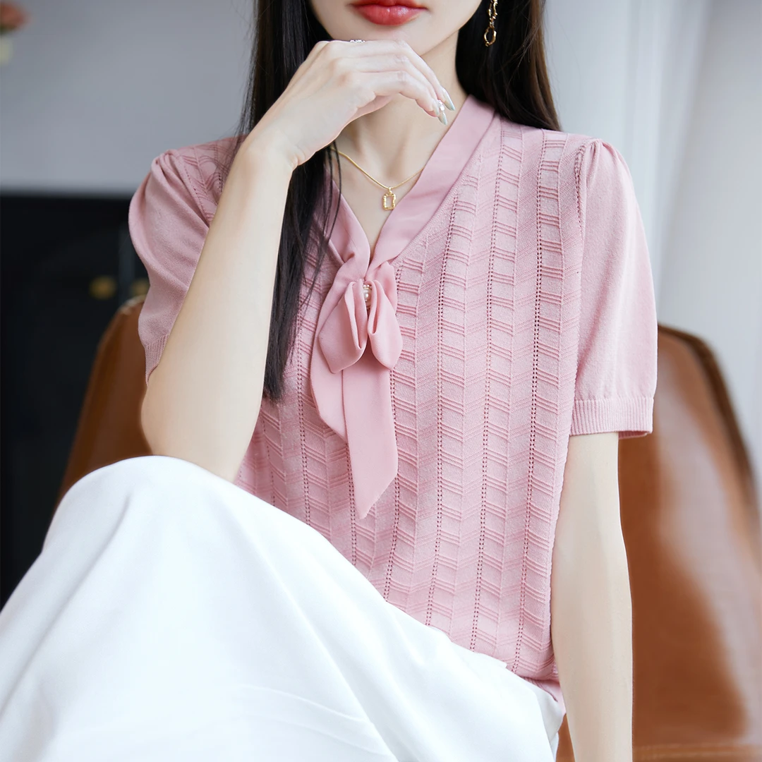 胖mm夏装大码冰丝针织衫女士短袖t恤宽松遮肚子巨显瘦蝴蝶结上衣