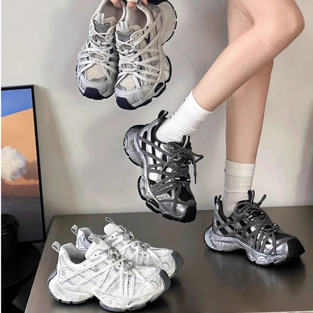 韩国潮流网面厚底老爹鞋女士秋冬新款增高透气圆头小众运动休闲鞋