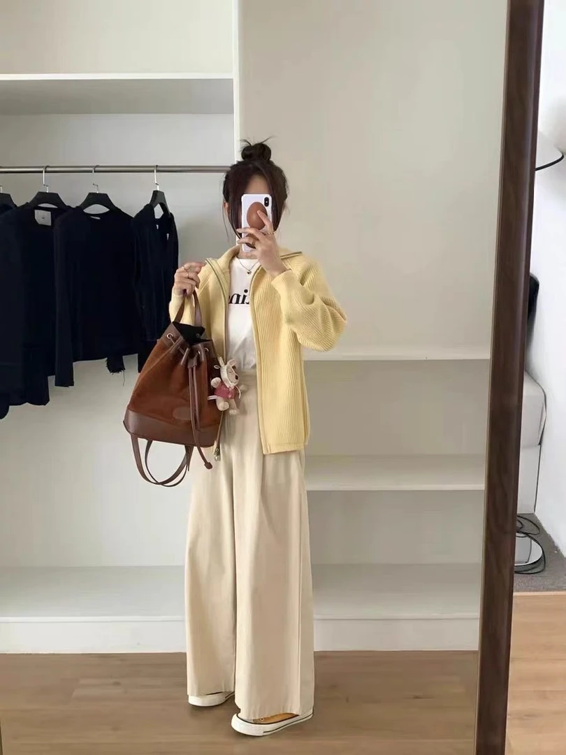 “西西里岛”韩系鸡蛋家极简风修身时尚双拉链百搭翻领针织毛衣-F
