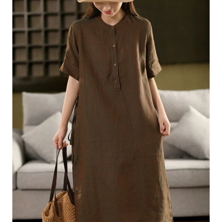 高定重工色织汉麻连衣裙女系带立领短袖显瘦套头长裙简约风