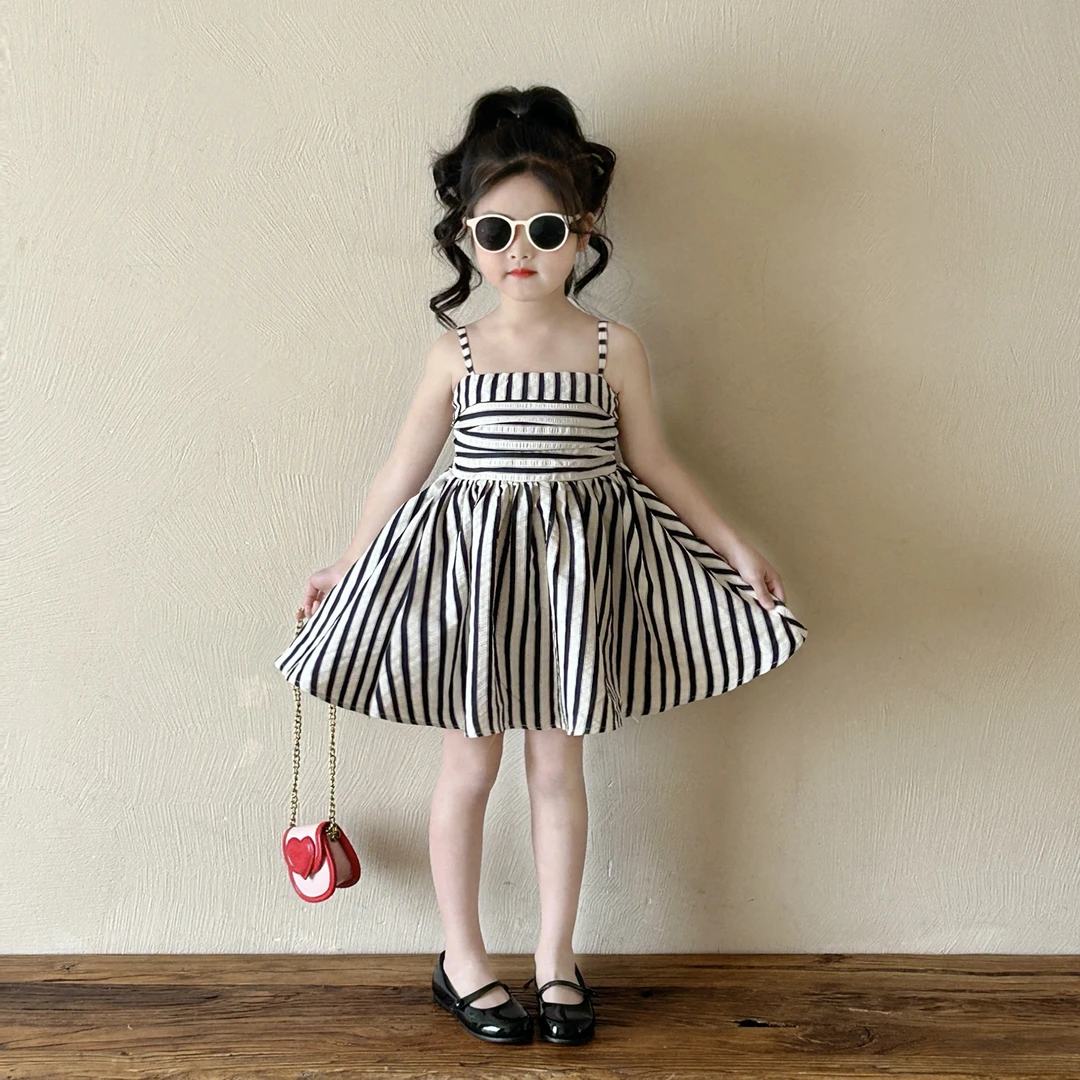 女童条纹吊带裙连衣裙2025夏季新款女孩高级感蓬蓬公主裙生日裙子