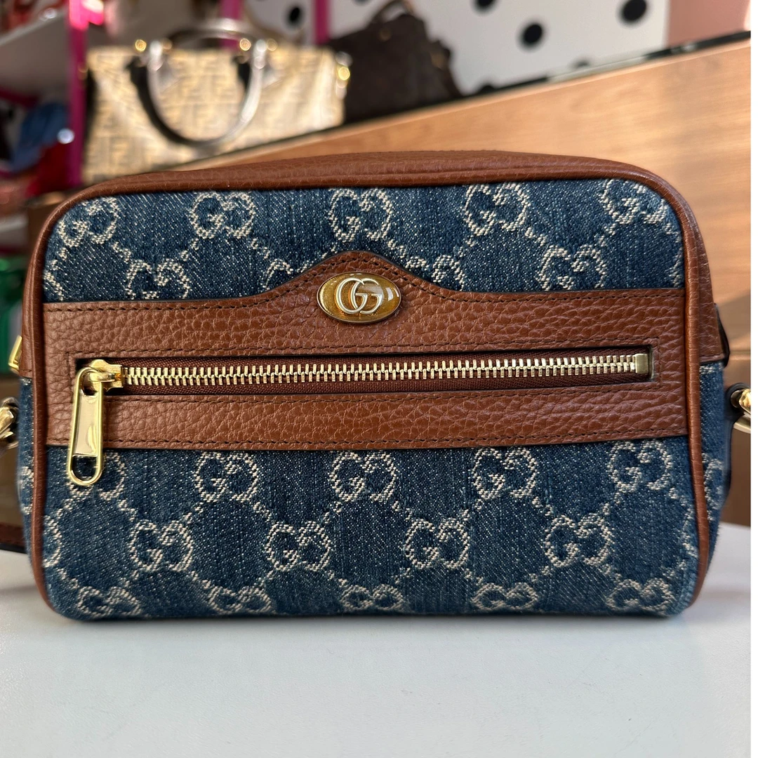 95新 GUCCI/古驰 95新丹宁牛仔拼皮相机单肩时尚女士包相机包