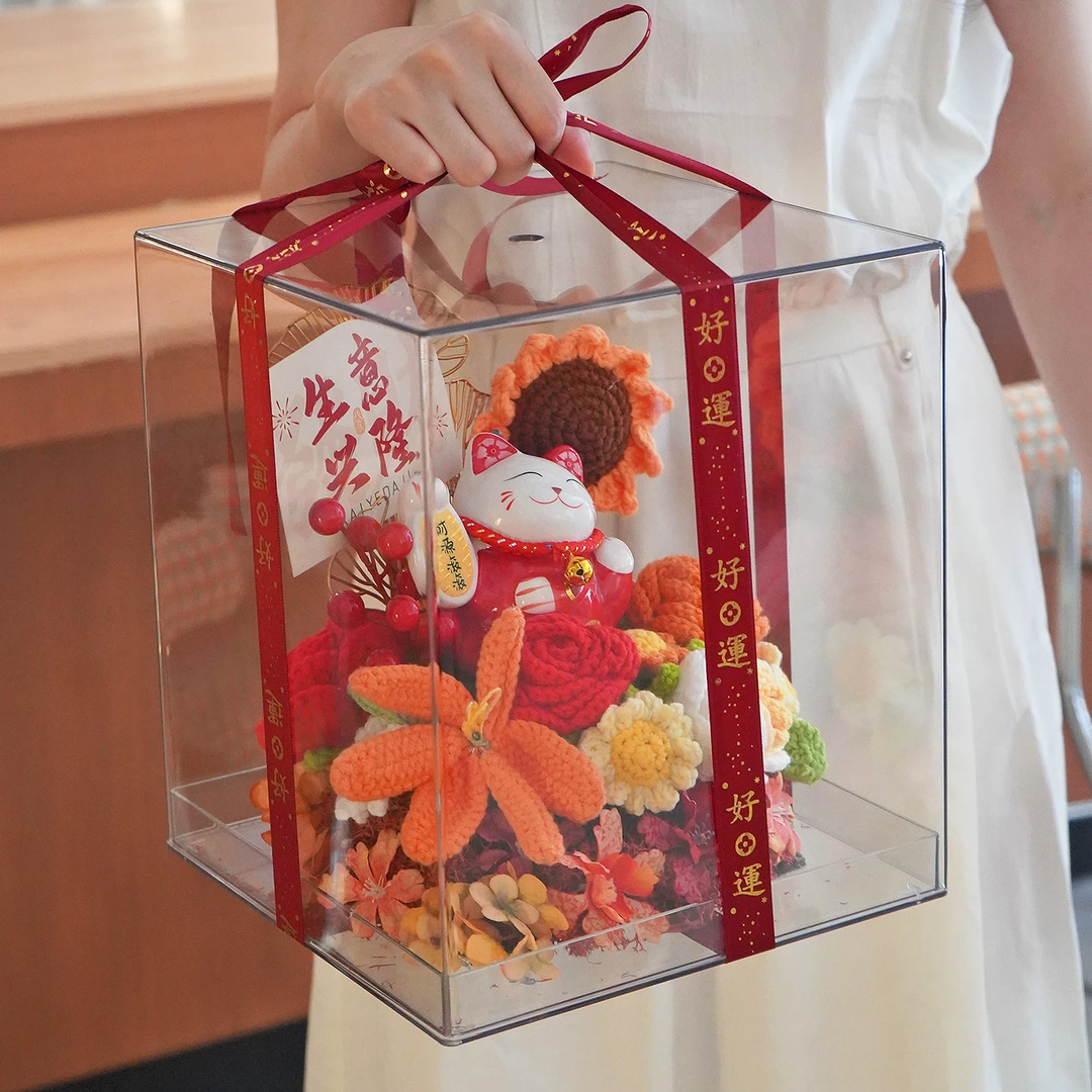 招财猫创意开业礼品手工针织花盒新家居乔迁礼物店铺前台陶瓷摆件