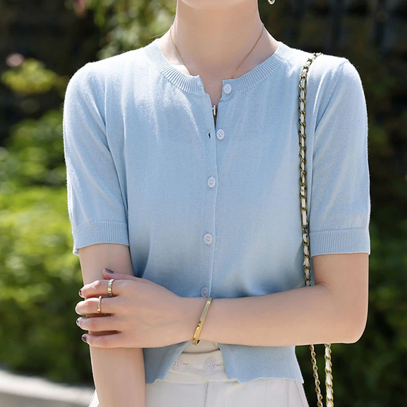 圆领100%纯棉针织短袖开衫薄款纯色短款外搭韩版高腰百搭打底夏季