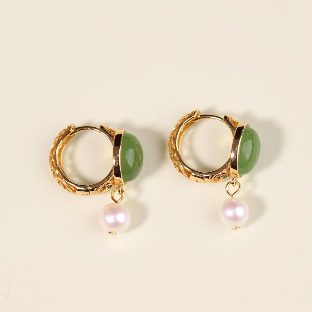 【山岚】原创国风新中式定制珠宝s925银和田玉碧玉耳扣耳饰