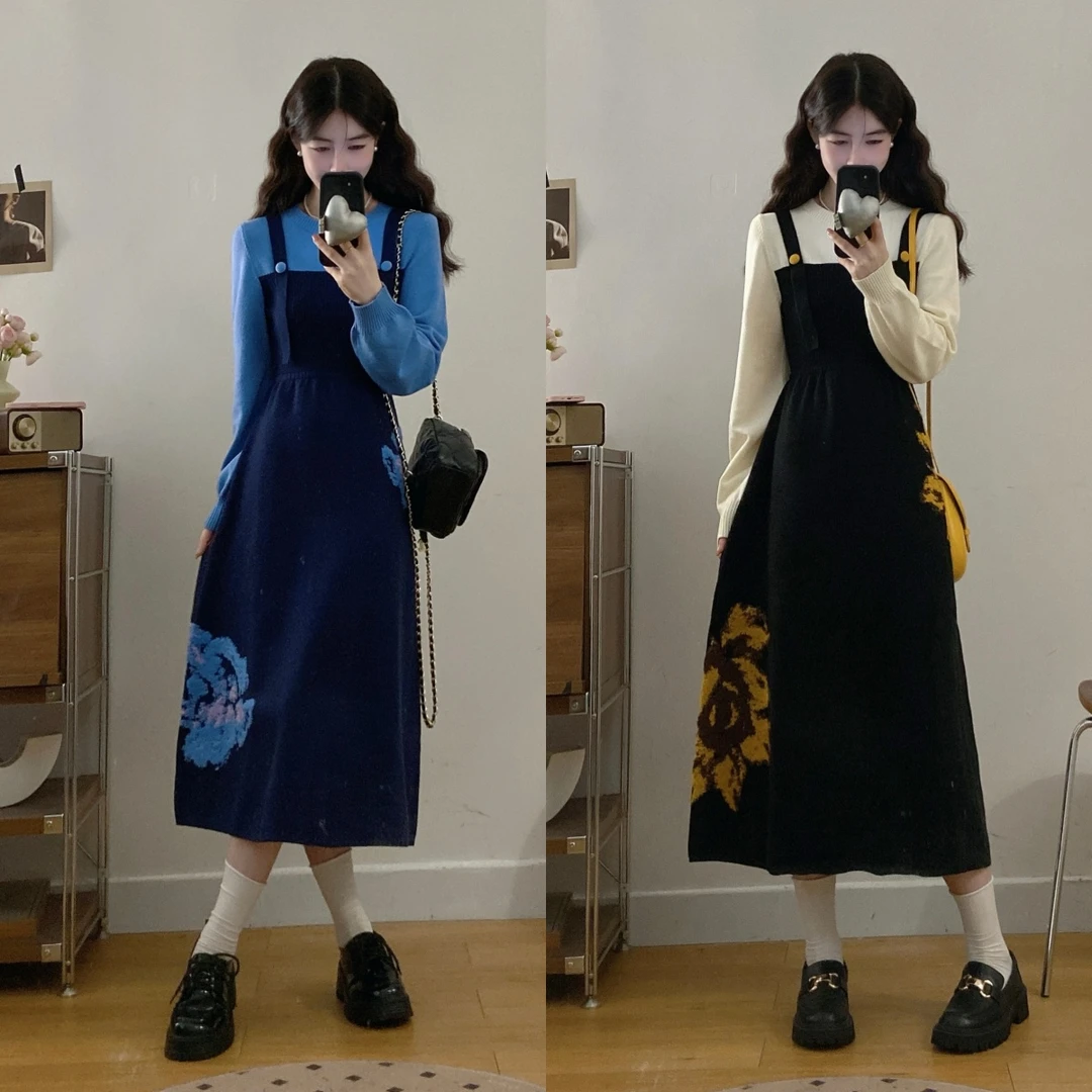 【当日发】大码法式复古提花长裙设计感假两件针织显瘦连衣裙6244