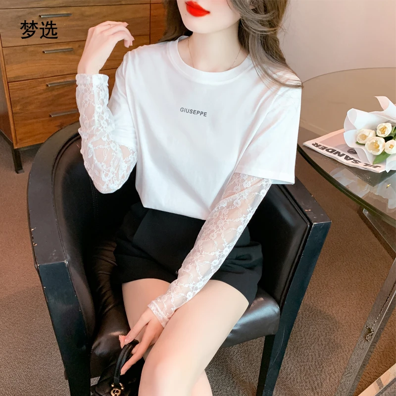 2025年夏季新款假两件蕾丝拼接长袖白色T恤女设计感宽松洋气上衣