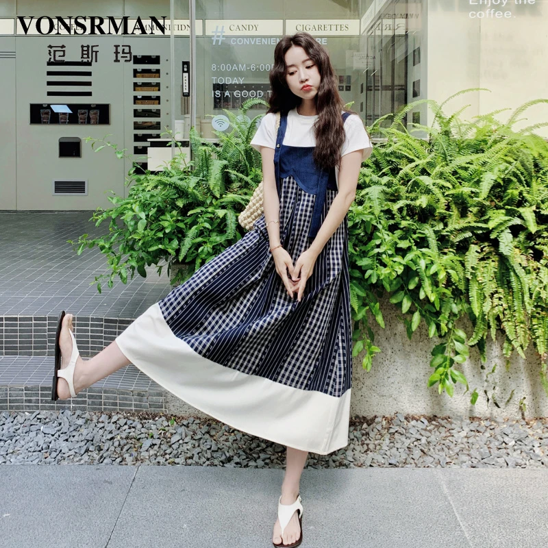 大码蕾丝拼接复古茶歇连衣裙女2025夏新款显瘦背带长裙格子吊带裙