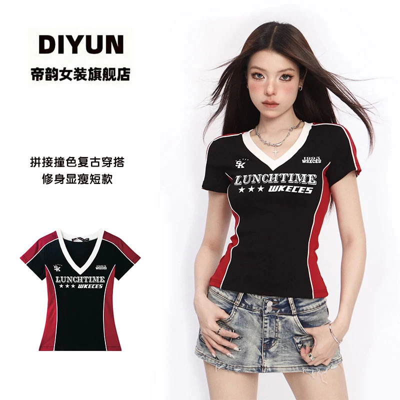 【帝韵】2025夏季新款短袖t恤女装撞色复古穿搭修身显瘦短款上衣服