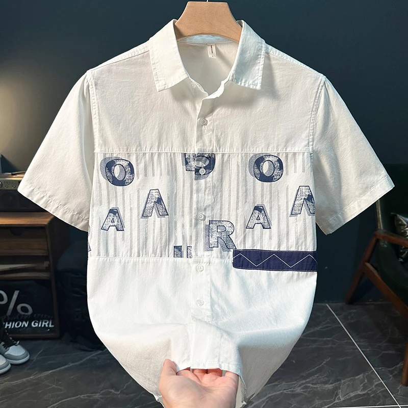 ICCLEK男士帅气字母印花短袖衬衫时尚百搭休闲舒适宽松翻领衬衣薄