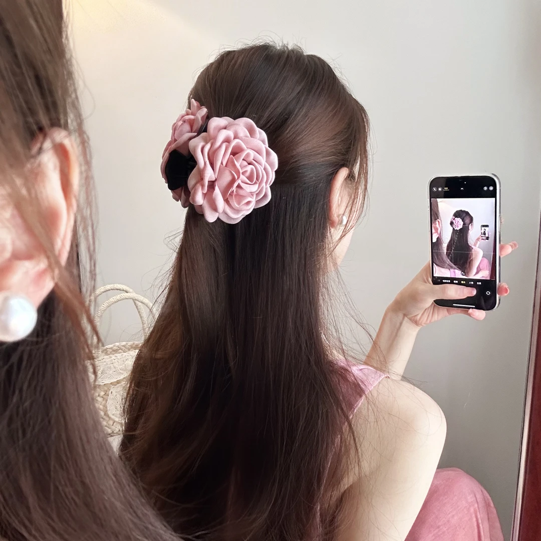 韩系黑白格caro花朵抓夹半扎发玫瑰花发夹低马尾鲨鱼夹发饰头饰女