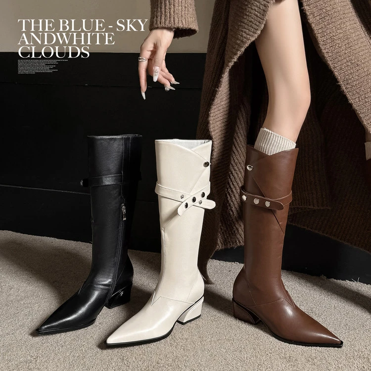 5.5cm欧美尖头粗跟骑士中筒靴冬季时装靴不过膝时尚女靴高跟长筒