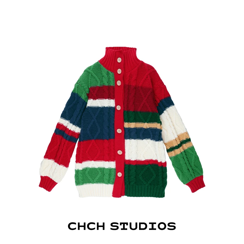 RAKS113916时尚拼色圣诞小熊毛针织开衫女2025年立领长袖毛衣外套