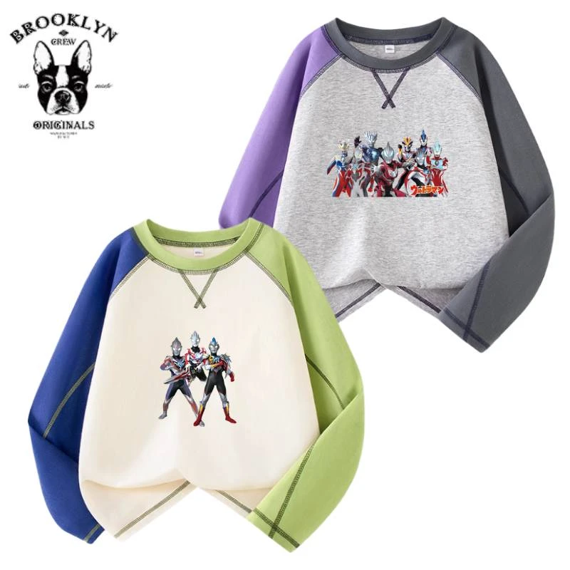 迪迦奥特曼男童2025春秋新款长袖T恤圆领拼接百搭上衣运动服休闲