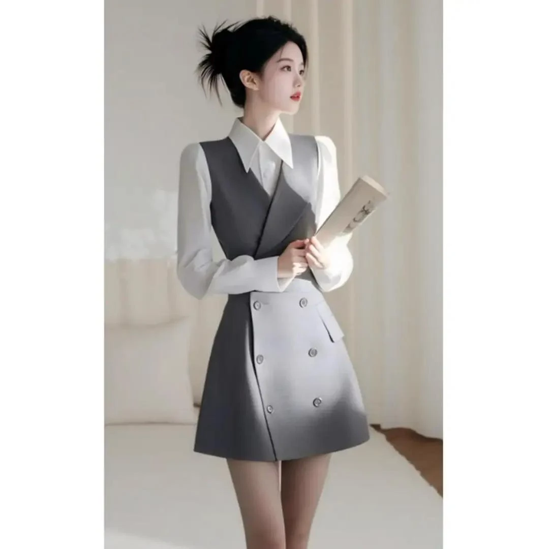 4189+4190气质收腰西装连衣裙时尚套装女2025春装新款长袖衬衣