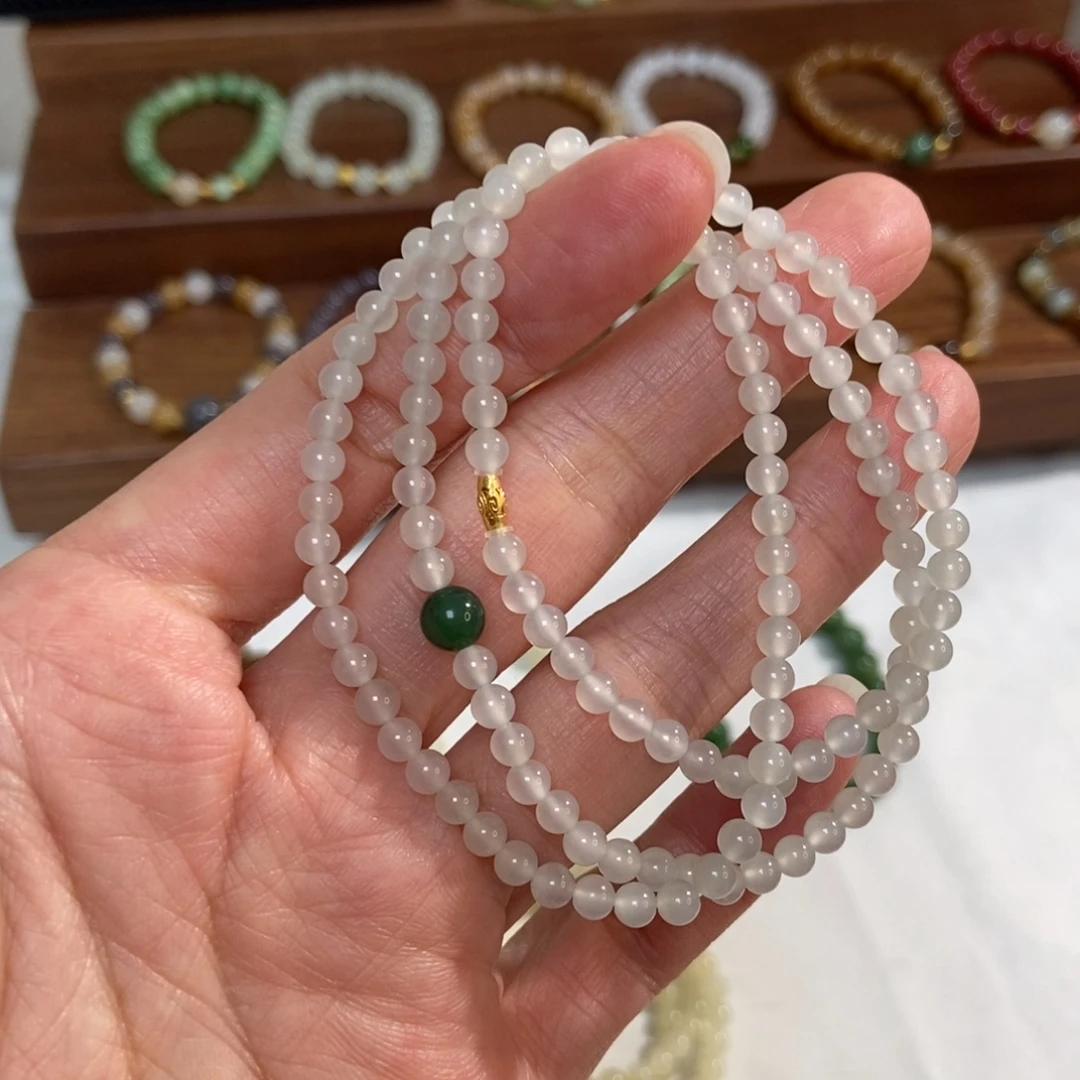 和田玉银S925镶嵌手链福利4mm晴白三圈