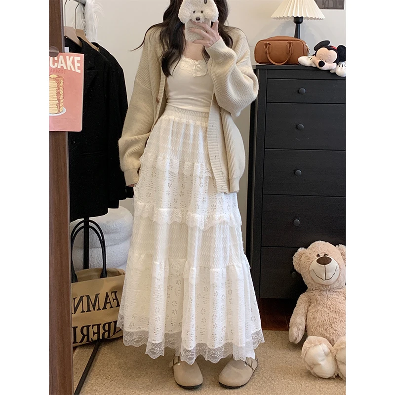 欧若风大码高级感蕾丝半身裙女早秋高腰蛋糕裙遮肚子显瘦a字裙子