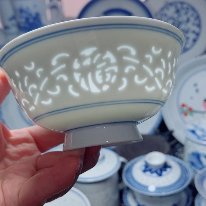青花玲珑4.75寸小饭碗满雕双福双线