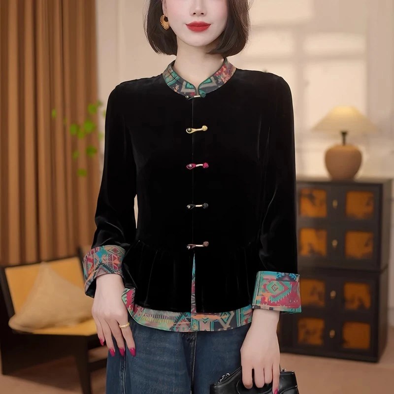 新中式国风黑色丝绒衬衫短外套长袖衬衣秋冬款立领唐装假两件上衣