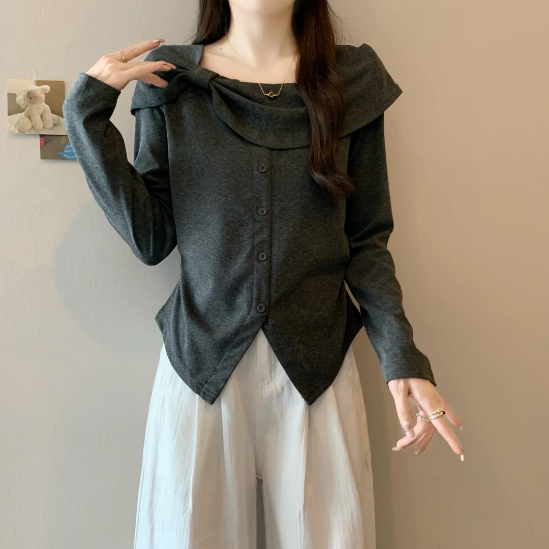 胖mm设计感长袖T恤女2025秋季新款不规则显瘦气质内搭打底上衣