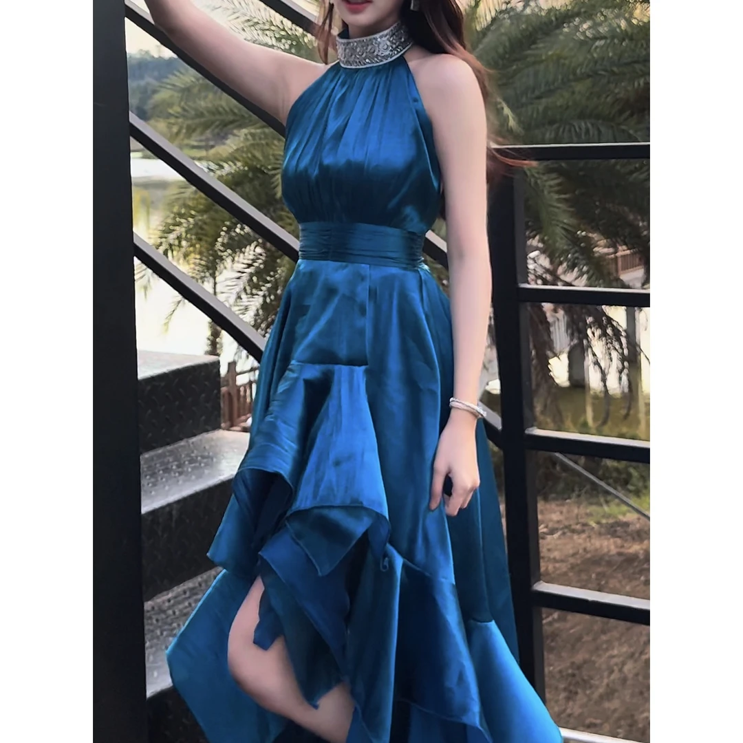 【梁千万】蓝色镶钻轻奢高级挂脖连衣裙-YL90002