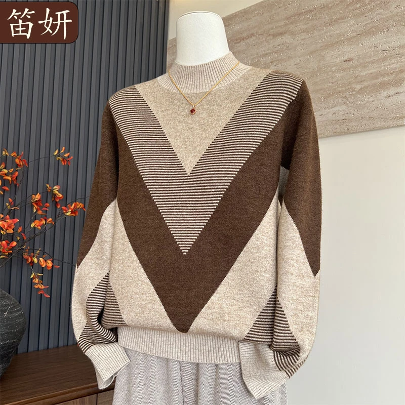 时尚妈妈装加绒加厚新款秋冬季内搭中老年女保暖半高领一体绒毛衣