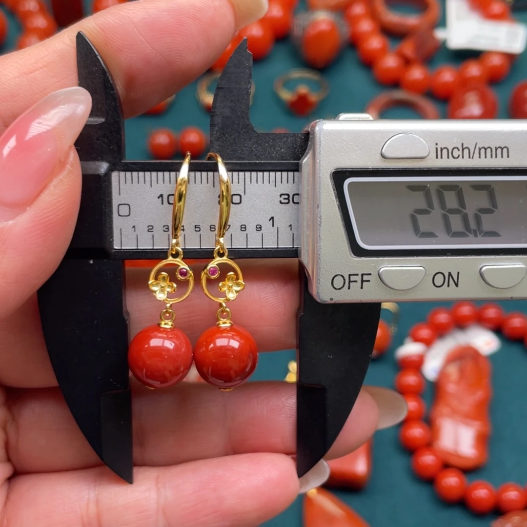 南红玛瑙银S925镶嵌川料南红牛血红耳钩