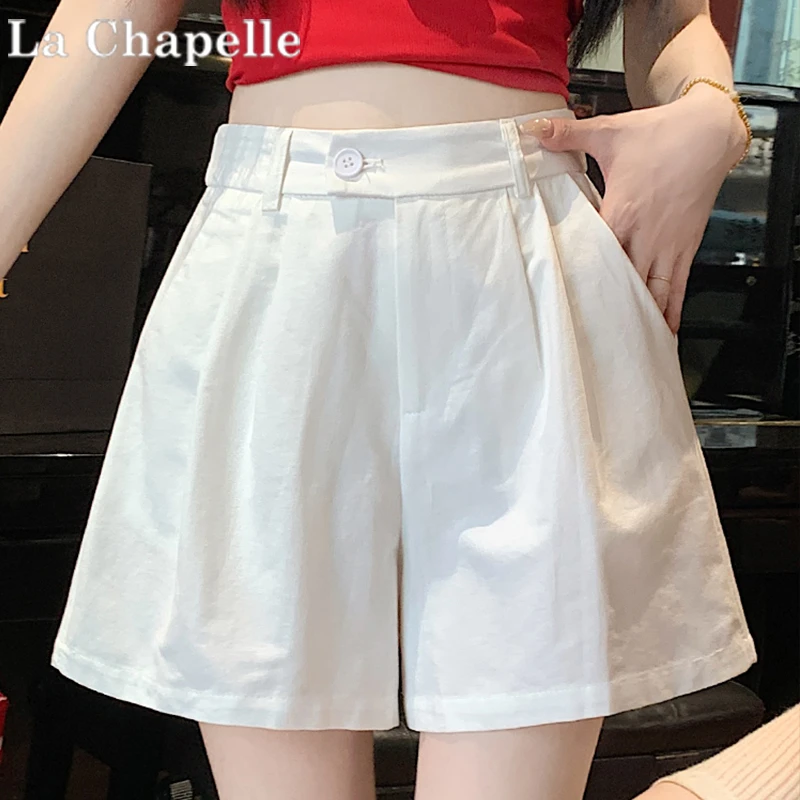 拉夏贝尔休闲阔腿短裤女2025夏季新款简约时尚高腰显瘦松紧腰裤子