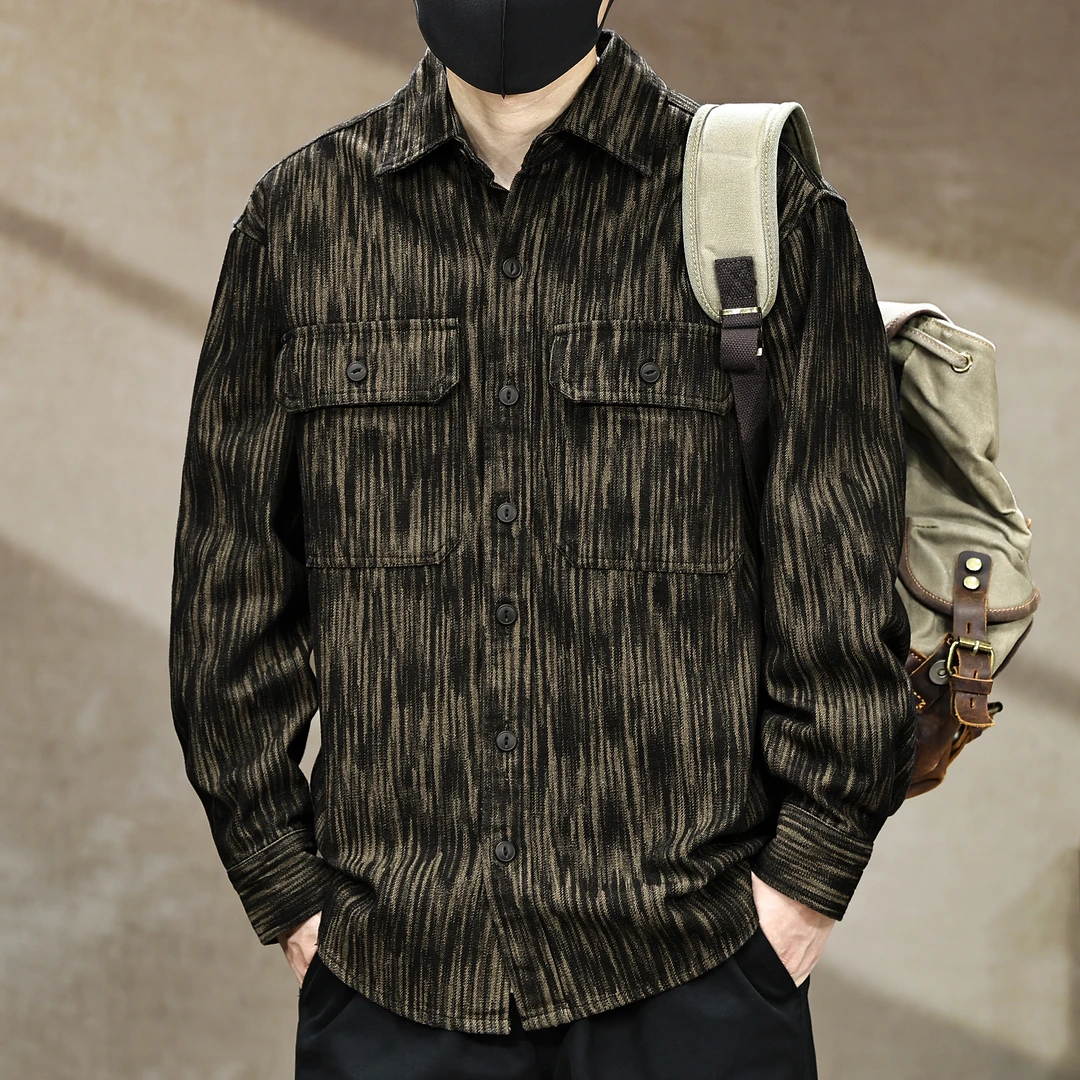 美式重磅复古色织牛仔衬衫外套男秋季宽松潮流提花条纹工装衬衣男