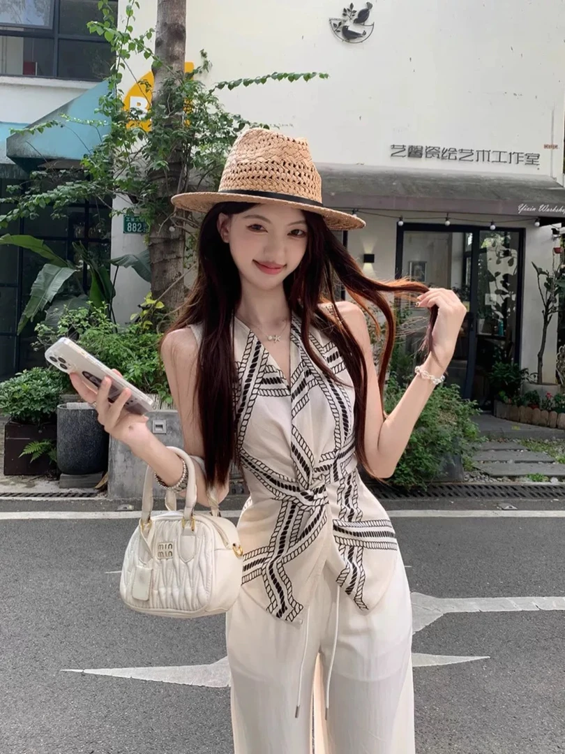 3k23-806夏季新款港风设计感修身休闲百搭不规则无袖背心收腰T恤