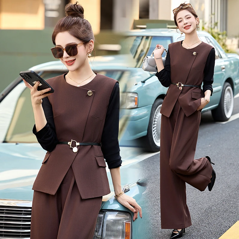 穿搭高级感套装女秋季2025西装马甲阔腿裤子韩系时尚轻熟三件套潮