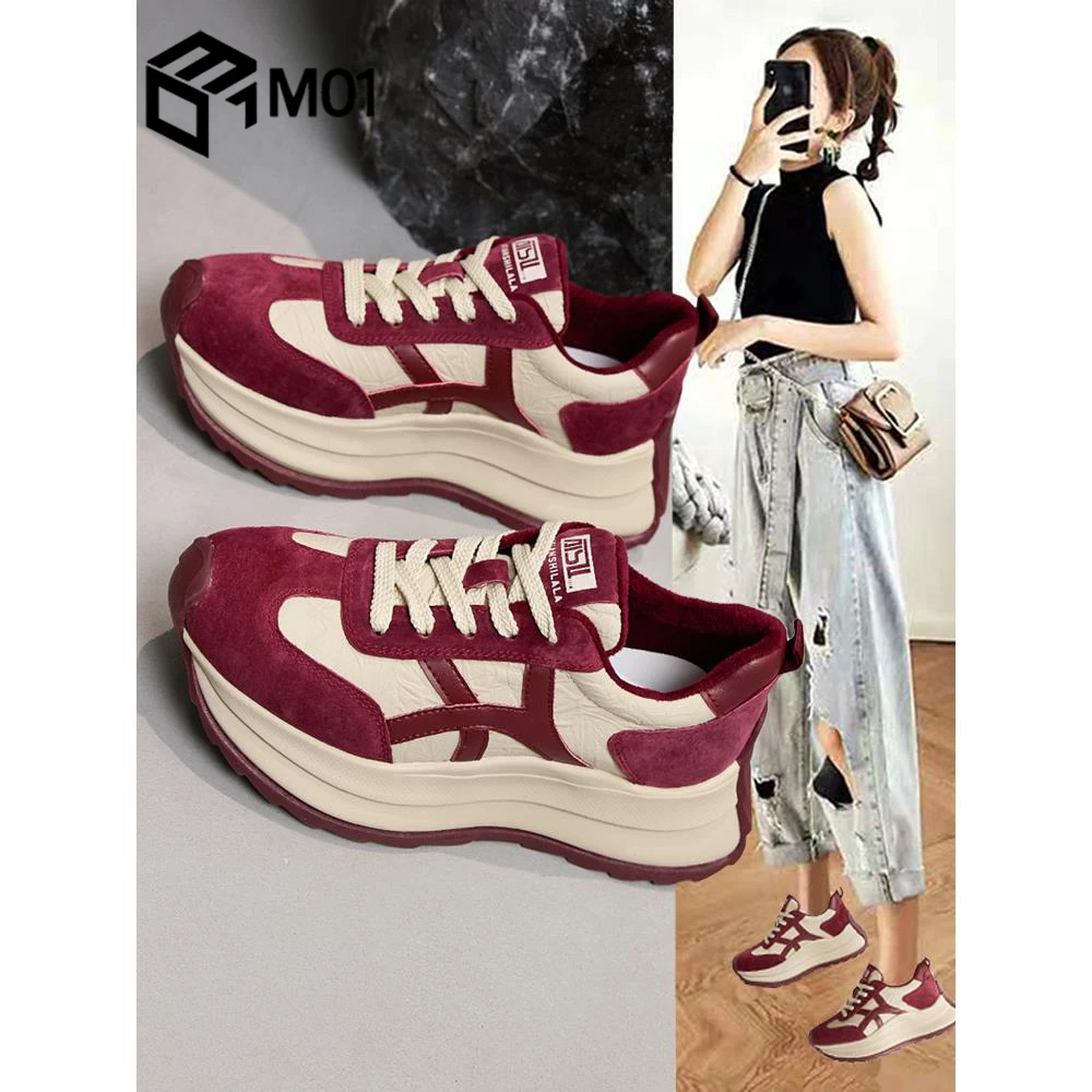 M01红色复古洋气阿甘鞋女2025春季加绒厚底显瘦运动休闲老爹潮鞋